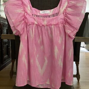 Corley Pink Patterned Ruffle Blouse relaxed fit EUC